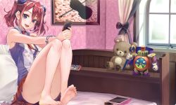 Rule 34 | 1girl, :d, barefoot, bed, blue eyes, bracelet, card, clock, duel disk, duel monster, feet, hiiragi yuzu, jewelry, multicolored hair, necktie, open mouth, pillow, pink hair, school uniform, short twintails, sleeveless, smile, soles, solo, time wizard, toes, ts422, twintails, two-tone hair, yu-gi-oh!, yu-gi-oh! arc-v