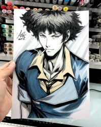 Rule 34 | 1boy, art tools in frame, black hair, black necktie, blue jacket, cigarette, closed mouth, collarbone, collared jacket, collared shirt, commentary, cowboy bebop, facing viewer, highres, jacket, looking at viewer, male focus, marker (medium), necktie, shirt, short hair, signature, sleeves rolled up, smoking, solo, spike spiegel, stanley lau, traditional media, yellow shirt