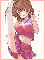 1girl ;d ahoge arm_up armpits bare_shoulders blush border breasts brown_eyes brown_hair cheerleader cleavage collarbone commentary_request cowboy_shot crop_top gakuen_idolmaster grid_background groin hair_between_eyes hanami_ume highres hiyoko_neneko holding idolmaster large_breasts looking_at_viewer midriff miniskirt navel one_eye_closed open_mouth outside_border pink_border pleated_skirt pom_pom_(cheerleading) red_skirt shirt short_hair skirt sleeveless sleeveless_shirt smile solo split standing standing_on_one_leg standing_split stomach sweat thighhighs translation_request v white_background white_thighhighs zettai_ryouiki