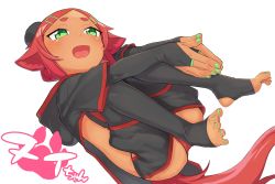 Rule 34 | 1girl, :d, absurdres, animal ears, black legwear, bridal gauntlets, commentary request, detached leggings, fang, feet, forehead, full body, green eyes, green nails, hair ornament, hairclip, highres, hood, hood down, looking at viewer, lying, nail polish, no shoes, on back, open mouth, original, owasaki, own hands together, palms together, panties, red hair, red panties, short eyebrows, short sleeves, shrug (clothing), simple background, smile, solo, stirrup legwear, tail, thick eyebrows, toeless legwear, toenail polish, toenails, toes, underwear, white background
