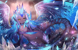 Rule 34 | 1girl, animal hands, blue hair, claws, covering breasts, covering privates, crystal, dark-skinned female, dark skin, dragon girl, dragon tail, dragon wings, flat chest, fuyouchu, highres, long hair, looking at viewer, monster girl, monster hunter, monster hunter: world, monster hunter (series), multicolored hair, navel, nude, orange eyes, parted lips, personification, purple hair, scales, solo, tail, v-shaped eyebrows, velkhana, very long hair, wings