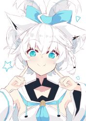 Rule 34 | 1girl, alternate hairstyle, animal ear piercing, animal ears, blue eyes, blue neckerchief, braid, cinnamiku hairstyle, closed mouth, commentary request, detached sleeves, fingers to cheeks, folded twintails, fox ears, fox girl, hair between eyes, hasikure (teruna), highres, hololive, looking at viewer, neckerchief, sanrio, shirakami fubuki, shirt, short hair, side braid, simple background, smile, solo, straight-on, virtual youtuber, white background, white hair, white shirt