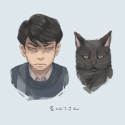 Rule 34 | 1boy, black cat, cat, frown, grey sweater, highres, looking at viewer, male focus, mtmr 0721, sangatsu no lion, serious, shigeta morio, short hair, simple background, solo, sweater, white background