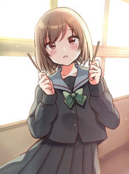 Rule 34 | 1girl, :d, backlighting, black serafuku, black shirt, black skirt, blush, bow, bowtie, brown hair, collarbone, commentary request, food, green bow, green bowtie, hands up, highres, holding, holding food, indoors, long sleeves, minami saki, open mouth, original, pleated skirt, pocky, red eyes, school uniform, serafuku, shirt, skirt, smile, solo, sunlight, window
