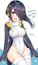 Rule 34 | 10s, 1girl, black hair, black jacket, brown eyes, cameltoe, covered navel, cowboy shot, emperor penguin (kemono friends), english text, hair over one eye, headphones, highres, jacket, kemono friends, leotard, long hair, looking at viewer, multicolored hair, nan (jyomyon), open clothes, open jacket, open mouth, solo, thighhighs, typo, white leotard, white thighhighs