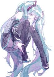 Rule 34 | 1girl, aqua hair, bare shoulders, black footwear, black skirt, black sleeves, boots, closed mouth, detached sleeves, dot nose, full body, grey shirt, hair over shoulder, half-closed eyes, hand on own ankle, hatsune miku, head rest, highres, knees together feet apart, knees up, long hair, looking down, pale color, pale skin, pleated skirt, pogpa47985618, sad, self hug, shirt, sidelocks, simple background, skirt, sleeveless, sleeveless shirt, solo, swept bangs, thigh boots, twintails, very long hair, vocaloid, white background, wide sleeves