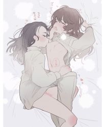 Rule 34 | 2girls, alternate hairstyle, bed sheet, black hair, blush, bottomless, breast sucking, breasts, brown hair, closed eyes, covering own mouth, frottage, girls und panzer, hair down, heart, hosomi shizuko, long hair, lying, midriff, multiple girls, navel, on bed, pussy juice, sheet grab, small breasts, sweat, tama launcher, tamada tamaki, yuri
