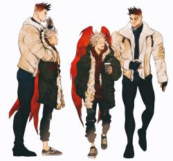 Rule 34 | 2boys, beard, blonde hair, boku no hero academia, breath, coat, cup, drinking, earrings, endeavor (boku no hero academia), eye contact, facial hair, feathered wings, feathers, fingerless gloves, fur-trimmed jacket, fur trim, gloves, goatee, hawks (boku no hero academia), highres, holding another&#039;s arm, holding person, hood, hoodie, hug, hug from behind, jacket, jewelry, looking at another, male focus, mature male, messy hair, multiple boys, muscular, muscular male, pants, red feathers, red hair, scar, scar across eye, scar on face, short hair, size difference, skinny, soldiafg, spiked hair, steam, sweater, taut clothes, taut pants, torn clothes, torn pants, undercut, very short hair, wings, winter clothes, winter coat, yaoi
