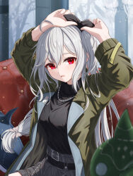 Rule 34 | 1girl, ahoge, arknights, arms up, black ribbon, black sweater, commentary request, green jacket, hair between eyes, hair ribbon, jacket, long hair, long sleeves, looking at viewer, low-tied long hair, official alternate costume, open clothes, open jacket, parted lips, red eyes, ribbon, shironekoban, sitting, skadi (arknights), skadi (the next afternoon tea) (arknights), solo, sweater, turtleneck, turtleneck sweater, twitter username, tying hair, watermark, white hair