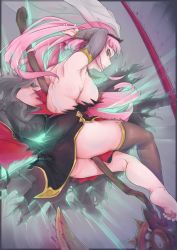 Rule 34 | 1girl, absurdres, ass, asymmetrical legwear, bare legs, bare shoulders, barefoot, breasts, dioutw, feet, from side, full body, highres, holding, holding scythe, hololive, hololive english, large breasts, legs, long hair, looking at viewer, mori calliope, no shoes, pink hair, scythe, shoulder spikes, sideboob, single thighhigh, soles, solo, spikes, thighhighs, tiara, toes, veil, virtual youtuber