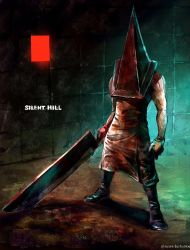 Rule 34 | 1boy, apron, bare arms, bare shoulders, black footwear, copyright name, facing viewer, hanekoto, helm, helmet, holding, huge weapon, male focus, muscular, muscular male, pyramid head, realistic, silent hill, silent hill (series), silent hill 2, solo, sword, tile wall, tiles, weapon