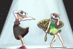Rule 34 | 2girls, ascot, barefoot, blonde hair, blue hair, bow, butterfly wings, closed mouth, commentary request, dress, eternity larva, fedora, full body, green dress, hand on headwear, hat, hat bow, insect wings, light, long sleeves, multiple girls, red ascot, red footwear, rumia, short hair, smile, socks, standing, touhou, white socks, wings, yoruniwa