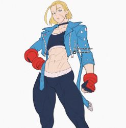 Rule 34 | 1girl, abs, alternate hair length, alternate hairstyle, antenna hair, black pants, black sports bra, blonde hair, blue eyes, blue jacket, bob cut, breasts, cammy white, choker, commentary, cropped jacket, english commentary, facial scar, fingerless gloves, gloves, highres, jacket, kevin raganit, leather, leather jacket, making-of available, midriff, narrow waist, navel, open clothes, open jacket, pants, scar, scar on cheek, scar on face, short hair, single vambrace, small breasts, solo, sports bra, street fighter, street fighter 6, thick thighs, thighs, tight clothes, tight pants, twitter logo, vambraces, white background
