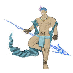 Rule 34 | 1boy, abs, absurdres, bad id, bad twitter id, bara, bare pectorals, blue hair, fingerless gloves, fish boy, full body, gloves, grin, harpoon, highres, holding, holding polearm, holding weapon, jewelry, large pectorals, looking at viewer, male focus, muscular, muscular male, necklace, nipples, original, pectorals, pelvic curtain, polearm, sharp teeth, short hair, sideburns, sketch, smile, solo, spiked hair, stomach, stomach tattoo, tattoo, teeth, thighs, tooth necklace, uza (hellme), weapon