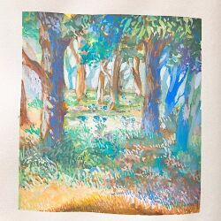 Rule 34 | day, forest, grass, mimoth, nature, no humans, original, painting (medium), scenery, sunlight, traditional media, tree, tree shade