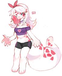 Rule 34 | 1girl, absurdres, animal feet, animal hands, blush, bow, bow hairband, colored skin, cropped shirt, full body, furry, furry female, gecko, gym shorts, hairband, heart, heart print, highres, large tail, lizard tail, long hair, long tongue, looking at viewer, midriff, navel, off-shoulder shirt, off shoulder, one eye closed, original, purple shirt, red bow, red eyes, red hairband, shirt, short sleeves, shorts, signature, smile, solo, standing, sui (suizilla), tail, tongue, white hair, white skin