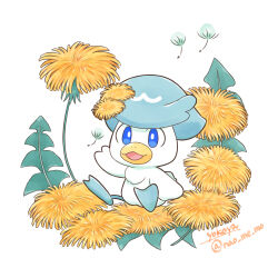Rule 34 | artist name, beak, blue eyes, creatures (company), dandelion, dandelion seed, flower, flower on head, full body, game freak, hand up, highres, leaf, nao me mo, nintendo, no humans, open mouth, pokemon, pokemon (creature), quaxly, simple background, sitting, smile, twitter username, white background
