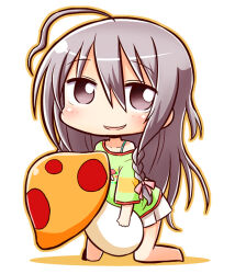 Rule 34 | 1girl, ahoge, barefoot, blush, bow, braid, brown eyes, brown outline, chibi, collarbone, colored shadow, commentary request, food, full body, green shirt, grey hair, hair between eyes, hair bow, holding, holding food, hoshi syoko, idolmaster, idolmaster cinderella girls, long hair, long sleeves, looking at viewer, mushroom, naga u, off shoulder, parted lips, pink bow, pleated skirt, shadow, shirt, simple background, single braid, skirt, smile, solo, very long hair, white background, white skirt