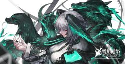 Rule 34 | 1girl, aqua eyes, aqua sclera, aqua wings, arknights, between breasts, breasts, coat, colored sclera, dress, fangs, feathered wings, fingernails, forked tongue, grey hair, hair between eyes, head wings, highres, ho&#039;olheyak (arknights), large breasts, lewdlily66, long sleeves, looking down, open clothes, open coat, scales, sharp fingernails, short dress, short hair, sidelocks, snake, snake tail, solo, strap between breasts, tail, tongue, upper body, white background, white dress, wings