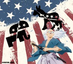 Rule 34 | 1boy, absurdres, alternate hair length, alternate hairstyle, american flag, artist name, bernie sanders, collarbone, cowboy shot, donkey, elephant, faustian rubble, glasses, highres, japanese clothes, katana, long hair, male focus, old, old man, opaque glasses, petals, real life, samurai, sheath, sheathed, solo, standing, sword, twitter username, weapon, white hair
