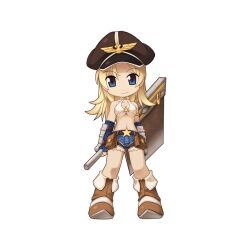 Rule 34 | 1girl, arms at sides, axe, belt, belt buckle, bikini, bikini top only, blonde hair, blue eyes, blue gloves, blue shorts, boots, breasts, brown belt, brown footwear, brown hat, buckle, chibi, closed mouth, elbow gloves, fingerless gloves, fold-over boots, full body, fur-trimmed shorts, fur trim, gloves, hat, holding, holding axe, lock, looking at viewer, medium bangs, medium breasts, midriff, navel, official art, padlock, peaked cap, pouch, ragnarok online, reverse grip, short shorts, shorts, simple background, smile, solo, standing, star (symbol), swimsuit, tachi-e, transparent background, underboob, vambraces, white bikini, whitesmith (ragnarok online), yuichirou