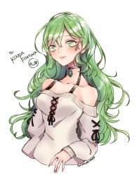 Rule 34 | 1girl, artist name, beige sweater, blush, bra strap, breasts, character name, choker, cleavage, collarbone, commentary, cropped torso, english commentary, green eyes, highres, indie virtual youtuber, koopa fortuna, long hair, long neck, looking at viewer, medium breasts, off-shoulder sweater, off shoulder, sawashiro shirara (artist), simple background, smile, solo, sweater, troopa (koopa fortuna), virtual youtuber, white background