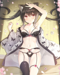 Rule 34 | 1girl, animal ears, arm up, armpits, bare arms, bare shoulders, black bra, black hair, black panties, black thighhighs, bra, breasts, cat ears, cherry blossoms, collarbone, frilled bra, frilled panties, frills, garter straps, gluteal fold, highres, japanese clothes, kimono, lingerie, long hair, looking at viewer, lying, medium breasts, nail polish, navel, off shoulder, on back, open clothes, open kimono, original, panties, parted lips, petals, print kimono, red eyes, saeki sora, single thighhigh, solo, stomach, string bra, string panties, tatami, thighhighs, thighs, underwear, white kimono, wide sleeves