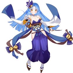 Rule 34 | 1girl, ark order, artist request, bell, blue hair, blue hakama, blue pants, breasts, cleavage, dagger, detached sleeves, hair ornament, hakama, hakama pants, holding, holding dagger, holding knife, holding weapon, japanese clothes, jingle bell, kinomata no kami (ark order), knife, large breasts, long sleeves, looking at viewer, official art, okobo, pants, rope, sandals, sash, smile, solo, tabi, tachi-e, transparent background, water, weapon, white legwear, wide sleeves, yellow eyes