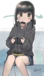 Rule 34 | 1girl, absurdres, alternate costume, artist name, black hair, bowl, controller, couch, determined, food, food in mouth, fubuki (kancolle), game controller, grey hoodie, gym shorts, highres, holding, hood, hoodie, kantai collection, leaning to the side, low ponytail, muted color, senbei, short ponytail, shorts, sidelocks, sitting, solo, throw pillow, yellow eyes