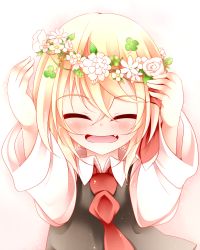 Rule 34 | 1girl, ascot, bad id, bad pixiv id, blonde hair, closed eyes, fang, fang out, hair ribbon, happy, head wreath, highres, kuroyume (dark495), long sleeves, ribbon, rumia, simple background, smile, solo, touhou, vest