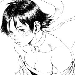 Rule 34 | 1girl, bandaid, bandaid on cheek, bandaid on face, bare shoulders, breasts, capcom, choker, cleavage, greyscale, looking at viewer, makoto (street fighter), medium hair, monochrome, parted lips, ribbon choker, short hair, shu-mai, simple background, small breasts, solo, street fighter, street fighter iii (series), white background, wide sleeves