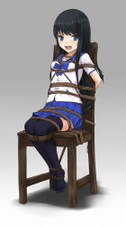 Rule 34 | 10s, 1girl, artist name, bdsm, black hair, blue bow, blue eyes, blue skirt, bondage, bound, bow, chair, chairtie, full body, grey background, highres, kertaspata, long hair, looking at viewer, minamiya natsuki, on chair, open mouth, pleated skirt, rope, school uniform, serafuku, shibari, shibari over clothes, shirt, short sleeves, simple background, sitting, skirt, solo, strike the blood, thighhighs, tied to chair, white shirt