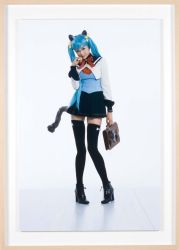 Rule 34 | 00s, 1girl, animal ears, ankle boots, asian, bag, black footwear, black thighhighs, blue hair, boots, bow legwear, fake animal ears, fake tail, full body, glasses, highres, knees together feet apart, looking at viewer, miniskirt, miss ko2-uniform, murakami takashi, photo (medium), photo (object), pigeon-toed, pleated skirt, school bag, school uniform, simple background, skindentation, skirt, standing, tail, thighhighs, twintails, white background, wooden floor, zettai ryouiki