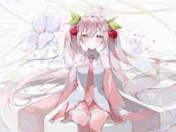 Rule 34 | 1girl, absurdres, alternate color, cherry blossoms, cherry hair ornament, closed mouth, collared shirt, commentary, detached sleeves, food-themed hair ornament, hair ornament, hand on own chest, hatsune miku, highres, long hair, looking at viewer, necktie, pink eyes, pink hair, pink necktie, pink theme, sakura miku, shirt, sitting, smile, solo, syana alice, twintails, vocaloid, white shirt