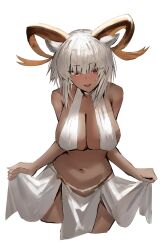 Rule 34 | 1girl, absurdres, alternate costume, animal ears, arknights, bare shoulders, breasts, carnelian (arknights), cleavage, commentary request, curled horns, dark-skinned female, dark skin, goat ears, goat girl, goat horns, highres, horn/wood, horns, large breasts, looking at viewer, navel, open mouth, pelvic curtain, red eyes, short hair, simple background, skindentation, skirt, skirt hold, smile, solo, stomach, upper body, white background, white hair, white skirt