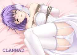 Rule 34 | 00s, 1girl, ass, bare shoulders, bdsm, bent over, bondage, bound, clannad, copyright name, dress, elbow gloves, fujibayashi ryou, garter straps, gloves, hair intakes, lying, on side, panties, skindentation, sleeping, solo, thighhighs, underwear, wedding dress, white thighhighs, youshuu