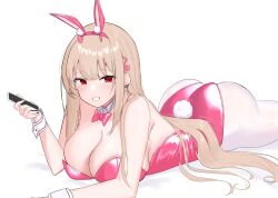 Rule 34 | 1girl, animal ears, ass, bare shoulders, blush, bow, bowtie, breasts, cellphone, detached collar, earrings, fake animal ears, fake tail, goddess of victory: nikke, grin, highres, holding, holding phone, horns, jewelry, large breasts, leotard, light brown hair, long hair, lying, mole, mole under eye, official alternate costume, on stomach, pantyhose, phone, pink bow, pink bowtie, pink horns, pink leotard, playboy bunny, rabbit ears, rabbit tail, red eyes, sidelocks, single earring, smartphone, smile, solo, strapless, strapless leotard, tail, very long hair, viper (nikke), viper (toxic rabbit) (nikke), white pantyhose, wrist cuffs, xi oshir1