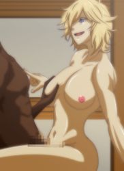 Rule 34 | 1boy, 1girl, blonde hair, blue eyes, breasts, cahlacahla, censored, grabbing, grabbing another&#039;s breast, hetero, highres, interracial, jormungand (manga), nipples, nude, open mouth, schokolade, sequential set, sex, sitting, solo focus, vaginal
