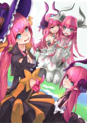 Rule 34 | 4girls, absurdres, armor, asymmetrical horns, bad id, bad pixiv id, bikini, bikini armor, blue eyes, blush, breasts, curled horns, detached sleeves, dragon horns, dress, elizabeth bathory (brave) (fate), elizabeth bathory (fate), elizabeth bathory (fate/extra ccc), elizabeth bathory (first ascension) (fate), elizabeth bathory (halloween caster) (fate), fate/grand order, fate (series), halloween costume, hat, highres, horns, long hair, looking at viewer, macaroni tamago, mecha, mecha eli-chan (fate), multiple girls, multiple persona, nail polish, pink hair, pink nails, pointy ears, red bikini, robot, small breasts, string bikini, striped clothes, striped dress, swimsuit, tail, tiara, topless, two side up, uneven horns, vertical-striped clothes, vertical-striped dress, witch hat