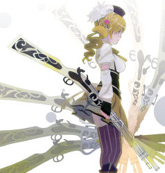 Rule 34 | 10s, 1girl, beret, blonde hair, boots, brown thighhighs, detached sleeves, drill hair, fingerless gloves, gloves, gun, hair ornament, hairpin, hat, knee boots, magical girl, magical musket, mahou shoujo madoka magica, mahou shoujo madoka magica (anime), moruga, pleated skirt, profile, puffy sleeves, ribbon, rifle, simple background, skirt, solo, striped clothes, striped thighhighs, thighhighs, tomoe mami, twin drills, twintails, vertical-striped clothes, vertical-striped thighhighs, weapon, white background, yellow eyes, zettai ryouiki