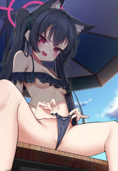 Rule 34 | 1girl, :d, absurdres, animal ear fluff, animal ears, bare shoulders, beach umbrella, bikini, bikini bottom pull, black bikini, black hair, blue archive, blue sky, blush, breasts, cat ears, cloud, day, frilled bikini, frills, highres, holding, long hair, looking at viewer, navel, oishi kuwagata, open mouth, outdoors, partially visible vulva, red eyes, serika (blue archive), serika (swimsuit) (blue archive), sitting, sky, small breasts, smile, solo, spread legs, stomach, swimsuit, twintails, umbrella, underboob, very long hair, wedgie