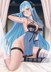 Rule 34 | 1girl, azura (fire emblem), bare legs, bed, bedroom, blue hair, blush, breasts, chungmechanic, commentary, cosplay, elbow gloves, english commentary, fire emblem, fire emblem fates, flower, gloves, hair between eyes, hair flower, hair ornament, hairband, highres, kaine (nier) (cosplay), large breasts, light blue hair, lingerie, long hair, nintendo, no panties, sideboob, smile, solo, thighs, underwear, yellow eyes