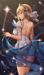 Rule 34 | 1girl, ass, back, backless dress, backless outfit, bare back, bare shoulders, blonde hair, blue eyes, blush, breasts, closed mouth, commentary request, crown, dress, europa (granblue fantasy), flower, granblue fantasy, hair between eyes, hair flower, hair ornament, holding, large breasts, leaf, looking at viewer, looking back, see-through, short hair, smile, solo, standing, suzuame yatsumi, thighs, white dress