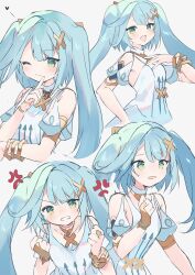 Rule 34 | 1girl, absurdres, anger vein, aqua hair, blush, breasts, clenched hands, closed mouth, clothing cutout, dress, faruzan (genshin impact), genshin impact, green eyes, grey background, hair ornament, heart, highres, index finger raised, long hair, momoemokoko22, multiple views, one eye closed, open mouth, shoulder cutout, simple background, small breasts, twintails, very long hair, white dress, x hair ornament