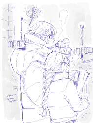 Rule 34 | 2girls, bag, braid, breath, coat, commentary request, dated, gundam, gundam suisei no majo, height difference, highres, hood, hooded coat, lamppost, long hair, miorine rembran, monochrome, multiple girls, open mouth, outdoors, shopping bag, short hair, single braid, suletta mercury, thick eyebrows, twitter username, yuri kyanon