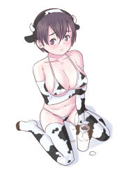 Rule 34 | 1girl, animal ears, animal print, black hair, blush, bottle, breast hold, breasts, chinese zodiac, cow print, cow print bikini, elbow gloves, fake animal ears, fake horns, female focus, gloves, hair between eyes, hairband, horns, large breasts, looking at viewer, milk, milk bottle, navel, original, outie navel, print bikini, print thighhighs, short hair, simple background, sitting, solo, thighhighs, undersized clothes, unmaker, wariza, white background, year of the ox