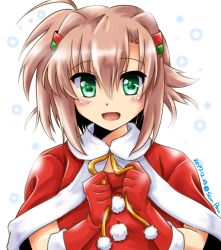 Rule 34 | 1girl, ahoge, brown hair, cape, dated, dress, gloves, green eyes, hair tubes, highres, looking at viewer, lyrical nanoha, miura rinaldi, open mouth, portrait, red cape, red dress, red gloves, san-pon, santa costume, short hair, smile, solo, twitter username, vivid strike!