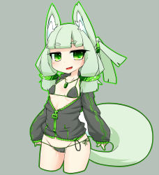 Rule 34 | 1girl, alternate color, animal ears, fox ears, fox tail, green eyes, green hair, highres, kedamaton, kogetsu tooka, looking at viewer, matching hair/eyes, open mouth, original, simple background, smile, solo, tail