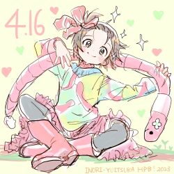 Rule 34 | 1girl, 2023, birthday, boots, brown eyes, brown hair, character name, commentary request, dated, happy, happy birthday, heart, highres, looking at viewer, medalist (manga), red footwear, short hair, sitting, sketch, smile, solo, tsurumai kada, worm, yuitsuka inori