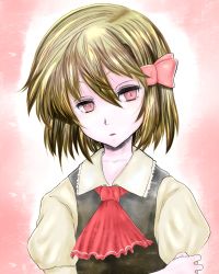 Rule 34 | 1girl, bad id, bad pixiv id, blonde hair, expressionless, female focus, gradient background, hair between eyes, holding own arm, kokoneri, rumia, solo, touhou, transparent background, upper body